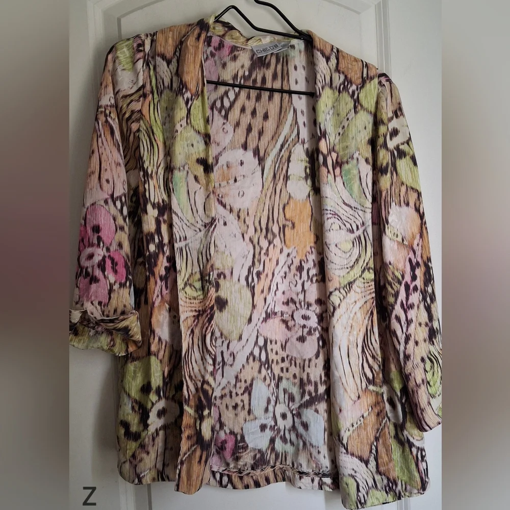 Chicos Womens Sweater Silk Multicolor Floral Open Front Blazer Lightweight Sz 1